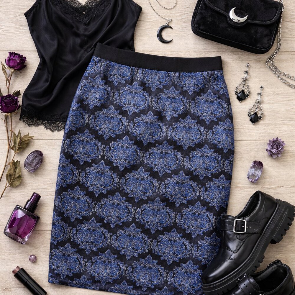 Whimsigoth Blue Black Midi Damask Coachella Pencil Skirt Medium Comfort Stretch